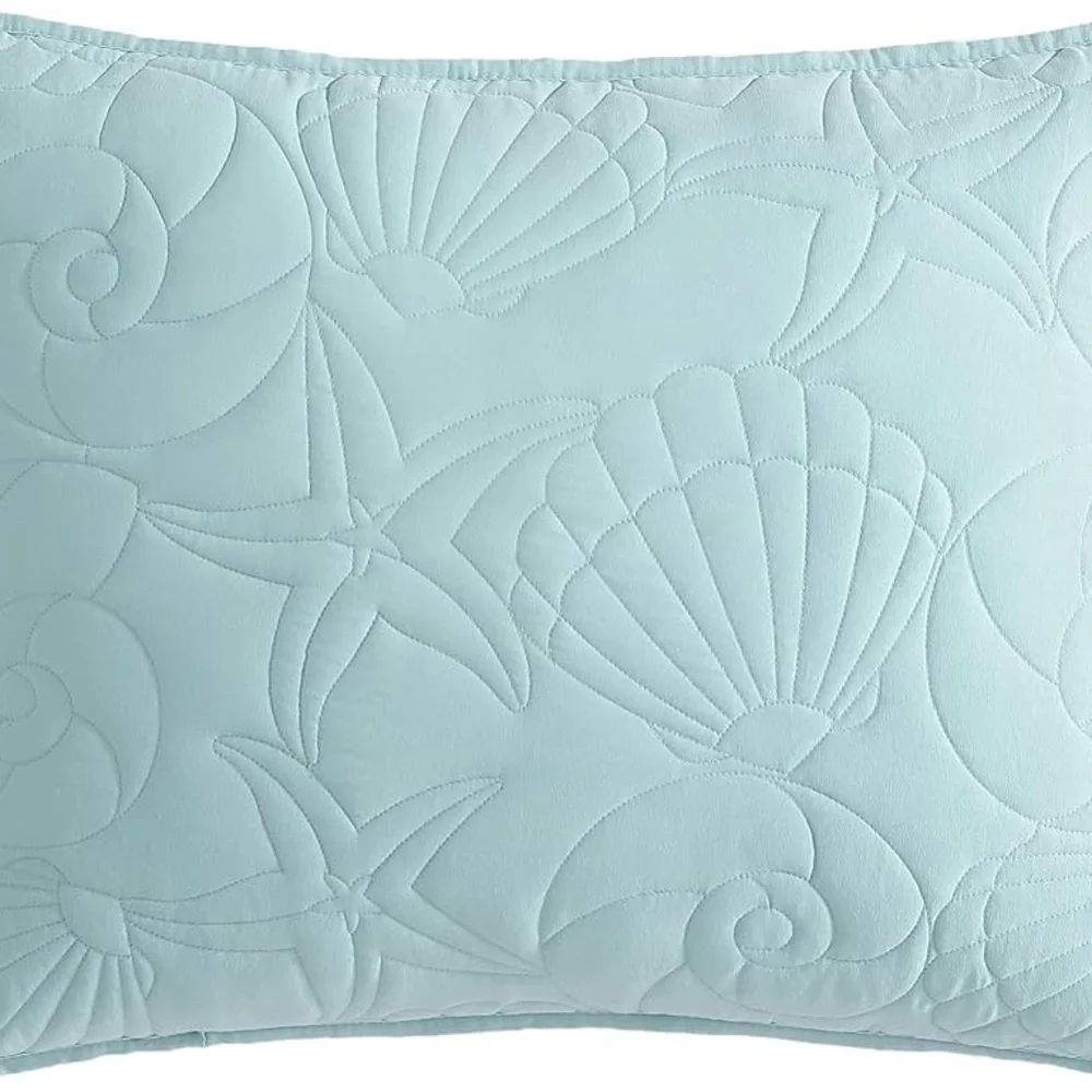 CARIBBEAN JOE Full/Queen Outlined Shell 3-Piece Quilt Set, Coastal Beach , Aqua